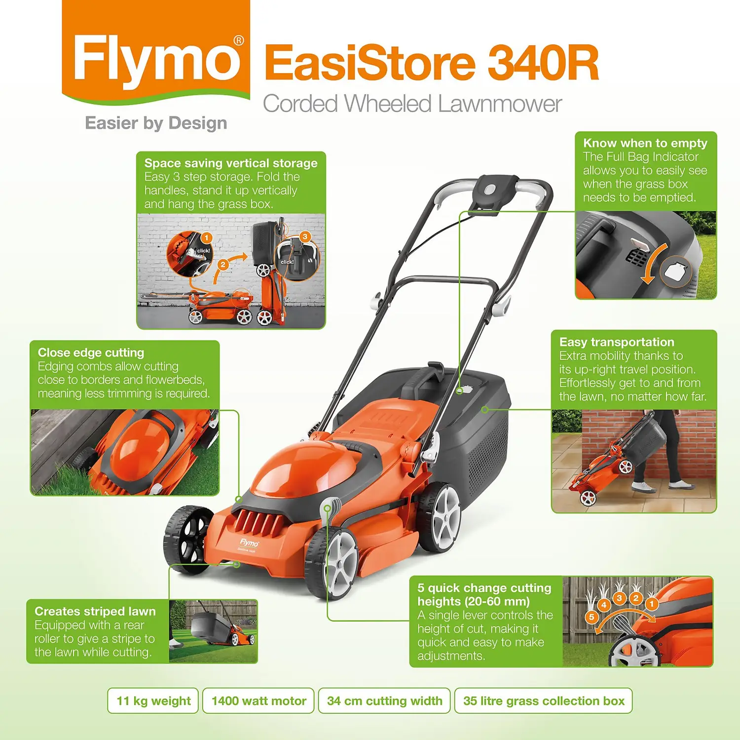 Flymo 1400W EasiStore 340R Electric Lawn Mower - 34cm 11 Flymo 1400W EasiStore 340R Electric Lawn Mower - 34cm - Image 9